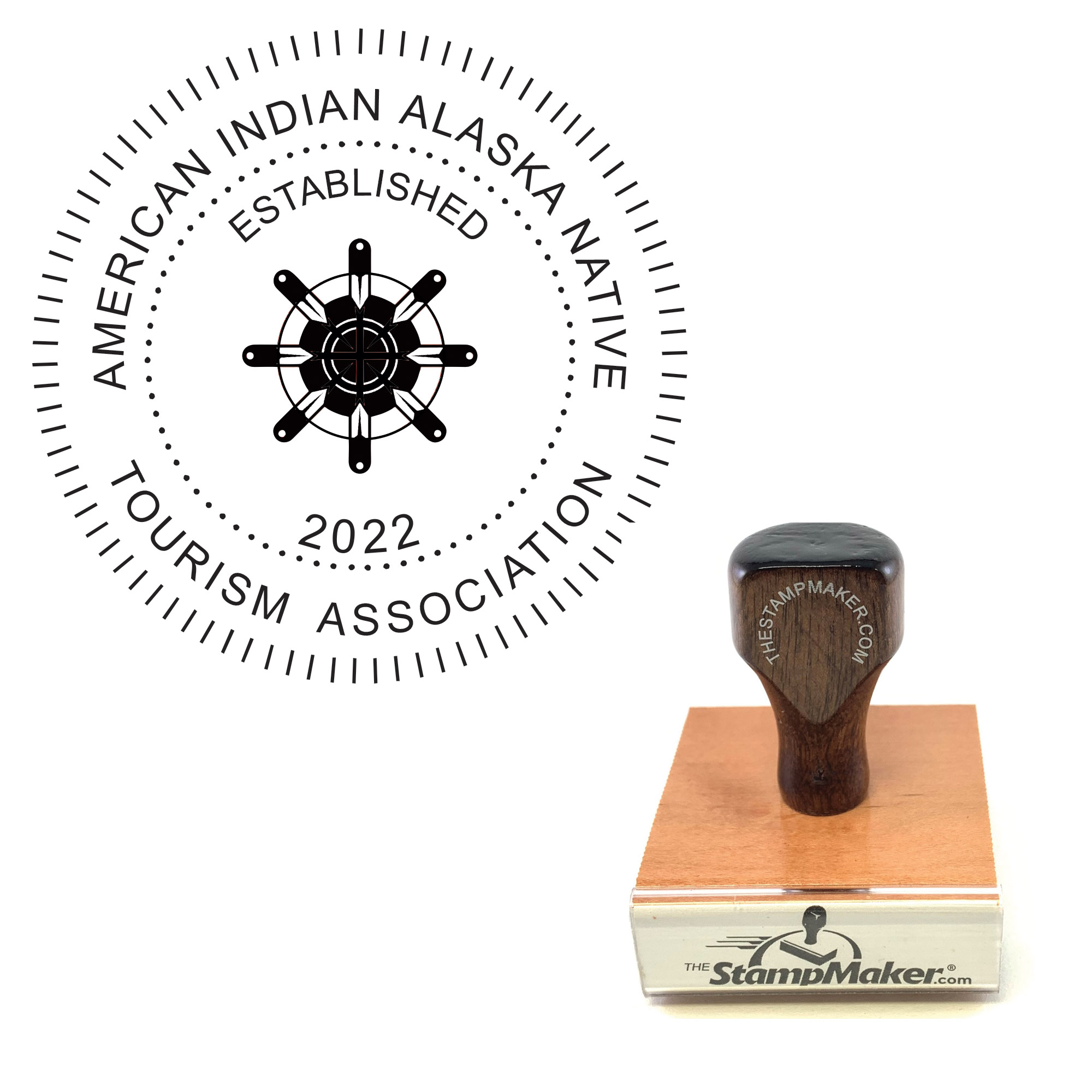 wood seal stamp with artwork and text